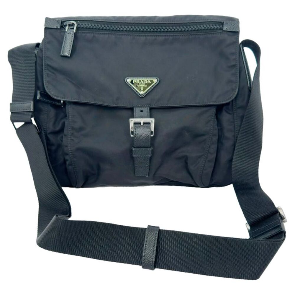 Prada Small Buckled Messenger Bag in Black Nylon
